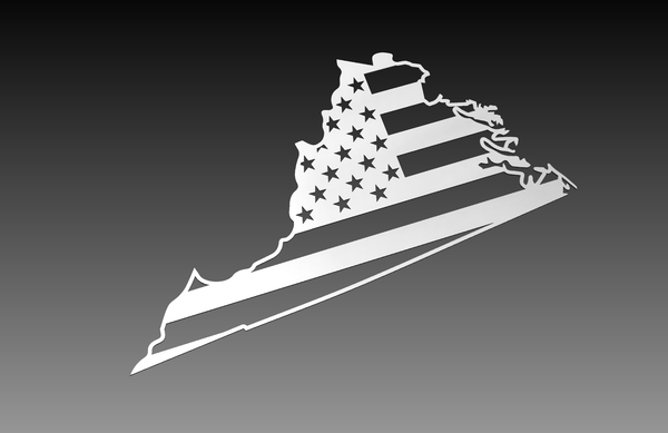 The Virginia Theme - Cut Ready File Collection by Hytek Tools features an outline of the state with a design resembling the American flag. Ideal for those needing a USA Flag Vector or .dxf file, the background transitions from dark to light gray for added depth.