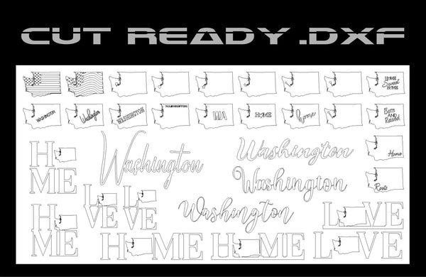 The Washington Theme - Cut Ready File Collection by Hytek Tools features digital art vectors of Washingtons outline with text styles like Washington, Home, Love, and WA. Some designs have a USA flag theme. The title reads CUT READY .DXF at the top.
