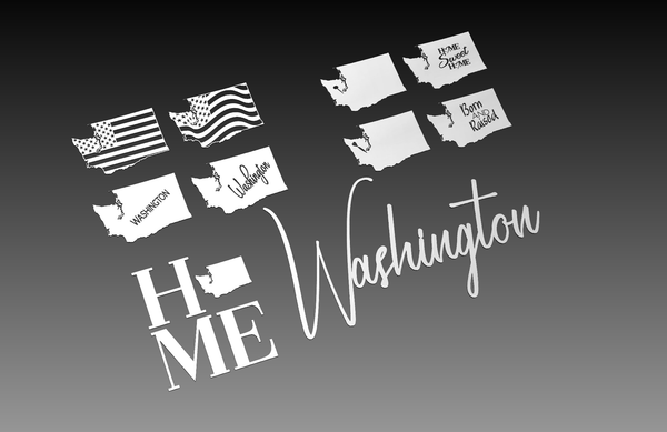 Explore Hytek Tools Washington Theme - Cut Ready File Collection. Featuring digital art vectors with USA flag patterns and text like HOME and Born and Raised, these designs highlight Washington states outline against a gradient gray background.