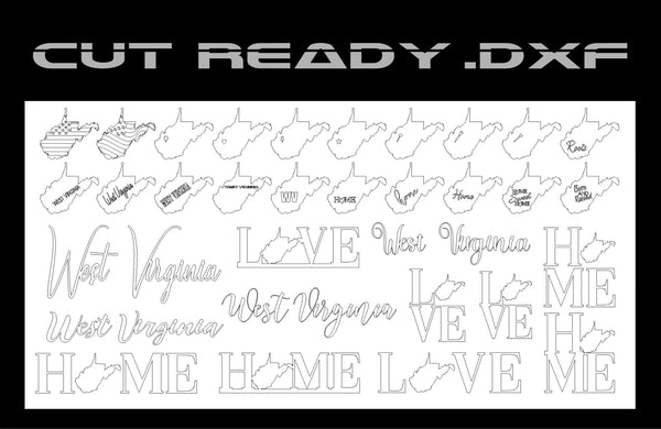 Explore the West Virginia Theme - Cut Ready File Collection by Hytek Tools, with outlined state shapes in .dxf format featuring unique designs and text like West Virginia and HOME, inspired by USA flag patterns. CUT READY .DXF is prominently displayed at the top.