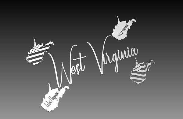Hytek Tools West Virginia Theme - Cut Ready File Collection features a grayscale digital art vector with West Virginia in cursive, four state outlines—two with the American flag and two saying West Virginia. The background transitions from black to white, creating a striking theme.