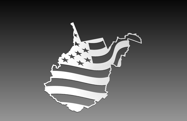 The West Virginia Theme - Cut Ready File Collection by Hytek Tools - Fiber Laser Sales - USA features an outline of West Virginia with a grayscale American flag design on a dark gradient background, ideal for .dxf format projects.