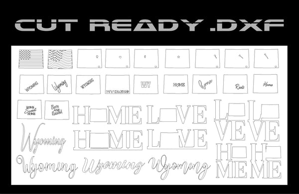 Hytek Tools Wyoming Theme - Cut Ready File Collection features black & white digital art vectors with Wyoming-themed designs: state maps, flag, and words like Wyoming, Home, Love in diverse fonts. Structured grid format with subtle Wyoming and USA flag themes; ideal for .dxf conversions.