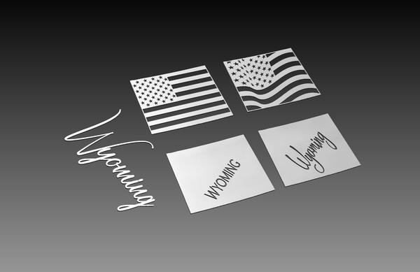 The Wyoming Theme - Cut Ready File Collection by Hytek Tools showcases two American flag and two Wyoming text designs with diverse stars, stripes, and fonts (serif and script) on a gradient background. All designs are available as .dxf Digital Art Vectors.