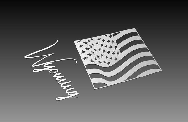 The Wyoming Theme - Cut Ready File Collection by Hytek Tools - Fiber Laser Sales - USA features a sleek digital art vector with the USA flag theme in a square, stars and stripes, Wyoming elegantly scripted to the left, and a black-to-gray fade background. Ideal for .dxf format designs.