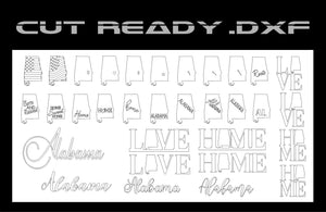 Explore the Alabama Theme - Cut Ready DXF File Collection by Hytek Tools, featuring digital cut designs of Alabama and state outlines in various patterns, including LOVE and HOME where Alabamas shape is the O. Each design is highlighted with black text on a white background.