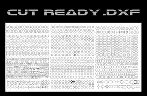 A collage of complex vector lines—stars, circles, polygons—organized in rows features the bold text CUT READY .DXF on a black background, emphasizing its inclusion in Hytek Tools 1000 Sign Shapes Set - DXF Cut Ready File Collection.
