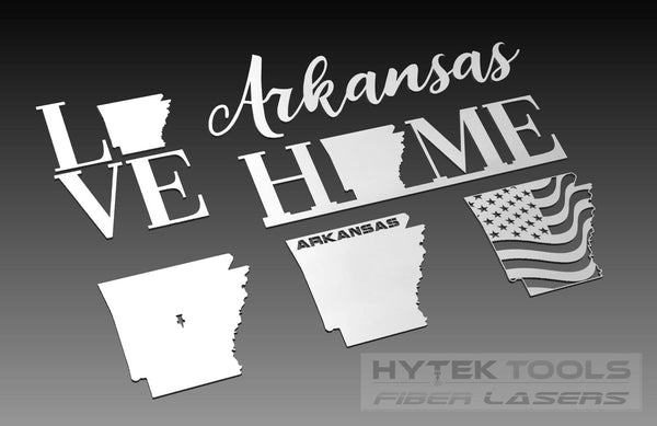 The Arkansas Theme - Cut Ready DXF File Collection by Hytek Tools creatively incorporates silhouettes of Arkansas into designs featuring the words Love, Home, an American flag, and cursive Arkansas on top, with the Hytek Tools Fiber Lasers logo in the bottom right corner.