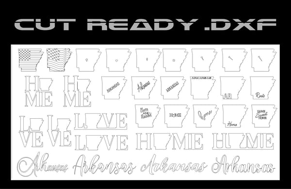 Discover the Arkansas Theme - Cut Ready DXF File Collection by Hytek Tools - Fiber Laser Sales - USA. This .dxf format collection is ideal for fiber laser projects and includes cut-ready designs with Arkansas outlines, love, home, and Arkansas in various fonts, plus US flag and sports themes.