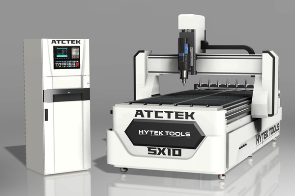 The 2024 ATCTEK™ CNC Industrial Router by Hytek Tools features a left-side control panel, an elegant gray and white metallic design, auto tool change tech, and stands out against a plain gray background.
