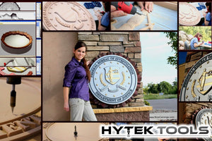 Collage of images showing a woman with a carved emblem, Aspire by Vectric software in action, and CNC router tools. The emblem reads DEPARTMENT OF JUSTICE and FBI. Logo at the bottom is Hytek Tools - Fiber Laser Sales - USA.