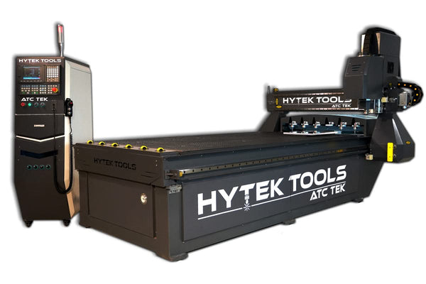 The 2024 ATCTEK™ CNC Industrial Router Machine Pkg by Hytek Tools features a left-side control panel and a right-side cutting area with multiple tool heads, powered by precision Yaskawa Servos, against a plain background.