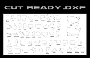 The Basic 50 USA States Theme - Cut Ready DXF File Collection by Hytek Tools features a black and white illustration of the U.S. map, outlining each state with labels. The top text reads CUT READY .DXF, making it perfect for CNC Routers and precise digital art creation.