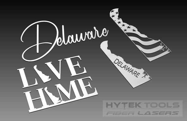 The Delaware Theme - Cut Ready DXF File Collection by Hytek Tools features Delaware in elegant cursive with state outlines in an American flag pattern and the phrase Live Home, incorporating Delawares outline in the O, designed for use with Fiber Lasers.