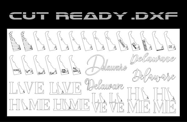 The Delaware Theme - Cut Ready DXF File Collection by Hytek Tools features monochrome artwork with the word Delaware in various fonts, state outlines, and letters LV, HI, ME, VE. It is optimized for fiber laser technology use.