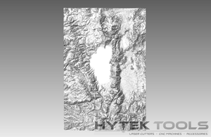 The Tahoe Lake Area 3D Map is a detailed black and white topographic .stl terrain model by Hytek Tools - Fiber Laser Sales - USA. It features a blank center on a gray gradient background with brand text, ideal for CNC routers to realize your 3D model visions.