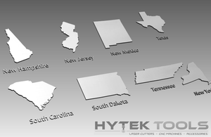 Image of CNC router-cut silhouettes for New Hampshire, New Jersey, New Mexico, Texas, South Carolina, South Dakota, Tennessee, and New York from the Basic 50 USA States Theme - Cut Ready DXF File Collection by Hytek Tools. Each is labeled with precise digital art and features the HYTEK TOOLS logo.