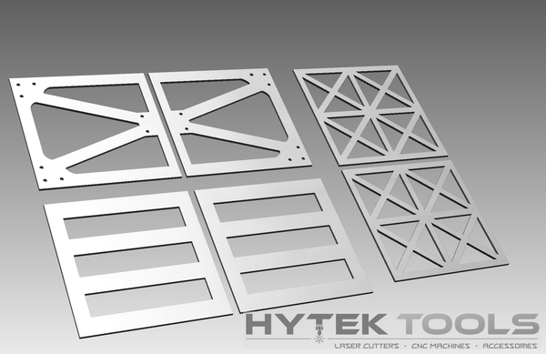 Four laser-cut metal sheets with geometric patterns are shown on a gray surface. The top left features cross designs, the top right has a triangular grid, and the bottom sheets display rectangles. Part of the 16 Gate & Panel Shapes Set by Hytek Tools - Fiber Laser Sales - USA is in the corner.