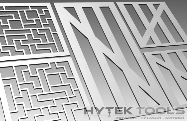 Intricate geometric patterns of maze-like designs and angular gate & panel shapes on a metallic surface. The Hytek Tools logo with Fiber Laser Sales - USA displayed in the bottom right corner showcases the 16 Gate & Panel Shapes Set - DXF Cut Ready File Collection.