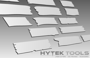 Rectangular and irregular metal shapes are showcased on a gradient gray background. The bottom right corner displays the logo Hytek Tools - Fiber Laser Sales - USA with text: Laser Cutters • CNC Machines • Accessories, highlighting their Rustic Sign Shapes 200 Set - DXF Cut Ready File Collection.