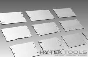 Flat, laser-cut panel pieces in vector shapes are on a gray background, featuring interlocking tabs and slots. The bottom right reads: 1001 Rustic Sign Shapes Set - DXF Cut Ready File Collection by Hytek Tools - Fiber Laser Sales - USA.