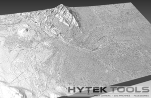 The El Paso Texas - STL 3D Terrain Model by Hytek Tools - Fiber Laser Sales - USA is a black and white map featuring a detailed mountainous region, city layout, prominent peak, various elevation changes, and the Hytek Tools logo at the bottom right corner, perfect for CNC router projects.