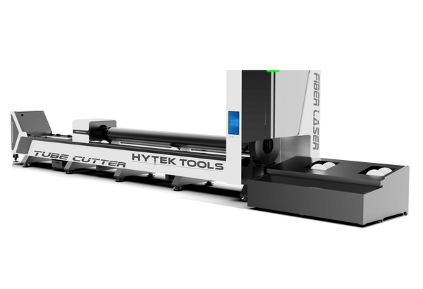 Introducing the NEW - ROBOTUBE™ Fiber Laser Metal Tube Cutter by Hytek Tools. Featuring sleek digital displays, precision cutting components, and a primarily white design with metallic and black accents, this cutter combines functionality and style for any workspace.