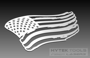 A stylized USA flag with a wavy design, ideal for DXF vector and laser cutters, features a gray gradient background and HYTEK TOOLS FIBER LASERS text in the bottom right, emphasizing its American motif. Part of the USA Flag Theme - DXF Cut Ready File Collection by Hytek Tools - Fiber Laser Sales - USA.
