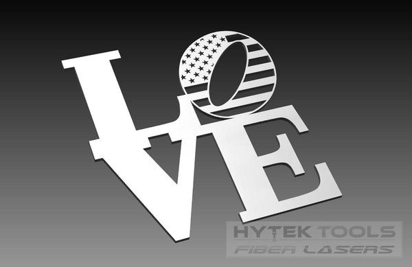 Stylized word LOVE with O as an American flag in a digital artwork. Metallic letters are tilted with USA flag theme. Features Hytek Tools - Fiber Laser Sales - USA logo on black-gray gradient. Ideal for use with the USA Flag Theme - DXF Cut Ready File Collection.