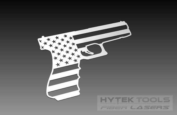 A handgun silhouette with a USA flag theme, featuring stars and stripes, on a black-to-gray gradient. The Hytek Tools Fiber Laser logo is in the bottom right. Ideal for digital artists seeking cut-ready files from the USA Flag Theme - DXF Cut Ready File Collection by Hytek Tools.