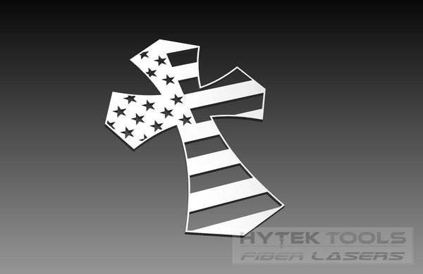 The USA Flag Theme - DXF Cut Ready File Collection features a crucifix-shaped design with stars and stripes, set against a black-to-light gray gradient with digital artwork flair. The subtle Hytek Tools - Fiber Laser Sales - USA logo graces the corner.
