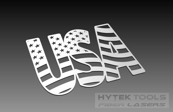 The image showcases USA in a USA Flag Theme with stars in the U and stripes in the S and A, set against a gradient black background. Ideal for DXF Vector shapes enthusiasts, its perfect for any Cut Ready File Collection from Hytek Tools - Fiber Laser Sales - USA.