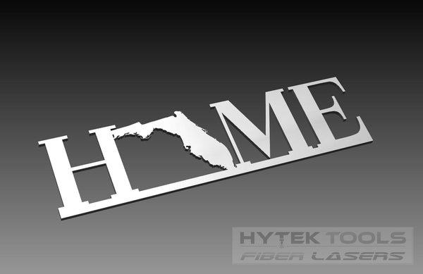 The Florida Theme - Cut Ready DXF File Collection features a metal sign with HOME and a Florida silhouette as the O, enhanced by Hytek Tools - Fiber Laser Sales - USA. Perfect for precision enthusiasts like CNC Router fans, set against a dark gradient background.