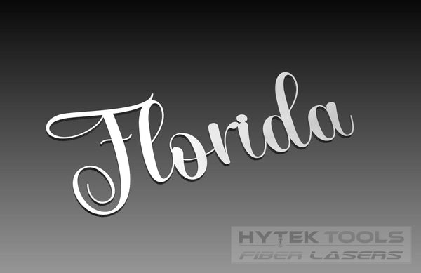 The elegant cursive Florida adorns a gradient black background while Hytek Tools - Fiber Laser Sales - USA is displayed in the bottom right. This Florida theme digital artwork pairs perfectly with your CNC routers and the Cut Ready DXF File Collection.