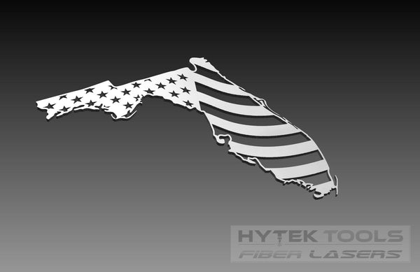 Floridas outline, adorned with an American flag design on a gradient background, is ideal as digital artwork. Stars transition to stripes across the design. The bottom right corner features Hytek Tools - Fiber Laser Sales - USA and Florida Theme - Cut Ready DXF File Collection.