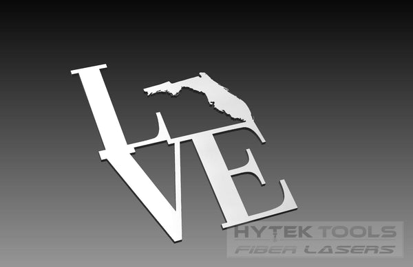 The Florida Theme - Cut Ready DXF File Collection by Hytek Tools - Fiber Laser Sales - USA features a digital artwork of LOVE, with the O as Floridas silhouette. The background transitions from dark to light gray, showcasing Hytek Tools CNC routers expertise in the bottom right corner.