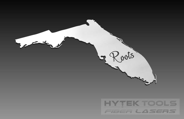 A cutout of Florida with Roots engraved, ideal for CNC Routers, features a black-to-gray gradient background. Hytek Tools - Fiber Laser Sales - USA branding is at the bottom-right corner, offering the Florida Theme - Cut Ready DXF File Collection.