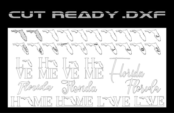 Check out Hytek Tools Florida Theme - Cut Ready DXF File Collection, ideal for CNC routers. These designs creatively incorporate the Florida outline into words like HOME and LOVE, with Florida uniquely stylized in various fonts.