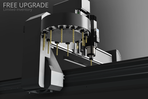 A close-up of Hytek Tools 2024 ATCTEK™ CNC Industrial Router Machine Pkg showcases its multiple drill bits and sleek monochromatic stainless steel design. Text reads FREE UPGRADE, Limited Inventory in the upper left corner.