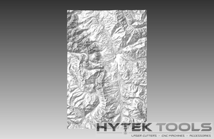 A grayscale topographic map, Frisco Colorado - STL 3D Terrain Model by Hytek Tools - Fiber Laser Sales - USA, displays detailed contours of mountainous terrain with CNC router-like precision and a dark-to-light gradient background, branded in the bottom right corner.