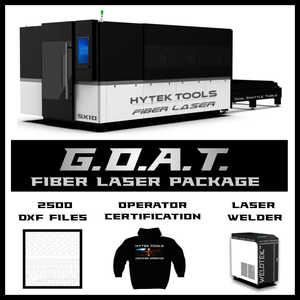 A promotional image for the Hytek Tools Package Fiber Laser 5X10 + Fiber Laser Welder features a 5X10 fiber laser with IPG Photonics technology, includes 2500 DXF files, operator certification, a laser welder, and a branded hoodie.