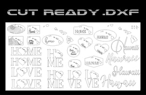 Check out the Hawaii Theme - Cut Ready DXF File Collection from Hytek Tools. This digital art file features stylized words like Home, Love, and Hawaii with hearts, maps, and island designs—perfect for laser cutting or CNC router projects.