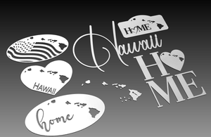 The Hawaii Theme - Cut Ready DXF File Collection by Hytek Tools blends captivating Hawaii-themed designs on a gray gradient. It features digital art with the word Hawaii, island outlines, American flag, heart shapes, and words like home and love.