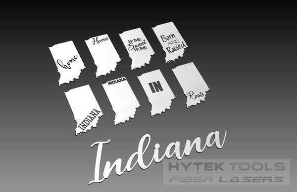 The Indiana Theme - Cut Ready DXF File Collection by Hytek Tools features state shape cutouts for CNC routers with phrases like Home Sweet Home and Born and Raised. Includes elegant script of Indiana on a gray gradient backdrop.