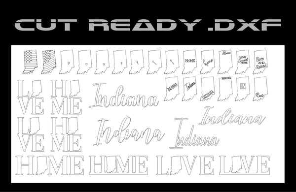 Showcasing Indiana-themed outline designs, this Hytek Tools collection offers unique CNC router patterns with texts like HOME and LOVE. Perfect for digital artwork, these cut-ready DXF files make crafting easy. Product: Indiana Theme - Cut Ready DXF File Collection by Fiber Laser Sales - USA.