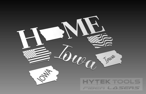 The Iowa Theme - Cut Ready DXF File Collection from Hytek Tools features decorative metallic designs of Iowa, including HOME with the state shape as the O, script Iowa, and American flag motifs. Ideal for CNC Routers, each piece is expertly crafted under the Hytek Tools Fiber Laser brand.