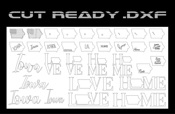 The Iowa Theme - Cut Ready DXF File Collection by Hytek Tools offers CNC router-ready designs, featuring outlines of the Iowa state, stylized text like Iowa, LOVE, and HOME, plus elements such as the U.S. flag and slogans like Born and Raised for creating Iowa-themed digital decorations.