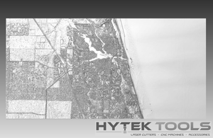 Discover the Jupiter Florida - STL 3D Terrain Model by Hytek Tools - Fiber Laser Sales - USA. Featuring a monochrome city map with grid layout, this detailed aerial view is perfect for creating 3D models or using CNC routers. Logo showcases laser cutters, CNC machines, and accessories.