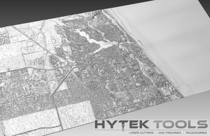 The Jupiter Florida - STL 3D Terrain Model by Hytek Tools - Fiber Laser Sales - USA is a detailed grayscale map in .stl format, featuring land, waterways, and beaches for CNC routers. It includes urban and natural textures with the Hytek Tools logo in the bottom right corner.
