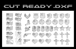 The USA Flag Theme - DXF Cut Ready File Collection by Hytek Tools features digital artwork with DXF designs of American flags, eagles, maps, shields, stars, and crosses in outline style. The futuristic CUT READY FILE text complements the USA flag theme.
